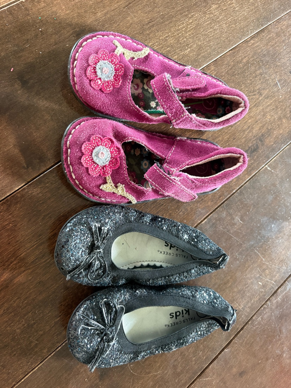 Pink Suede Flower Mary Jane Shoes and sparkle black ballet flats